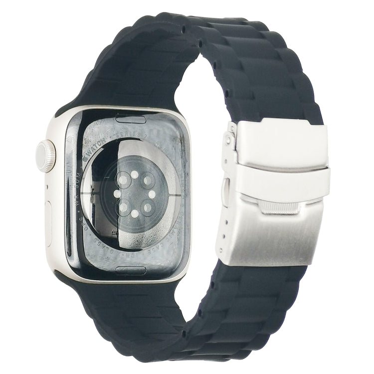 Three-bead silicone watch band for Apple Watch, black with silver clasp and pin