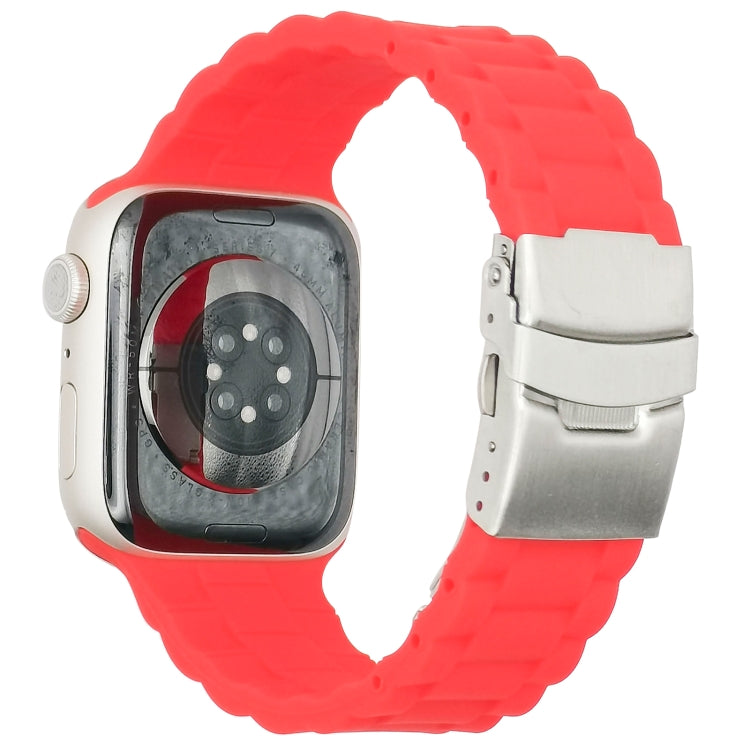 Three-bead watchband with red silicone links and silver metal clasp, shown on watch