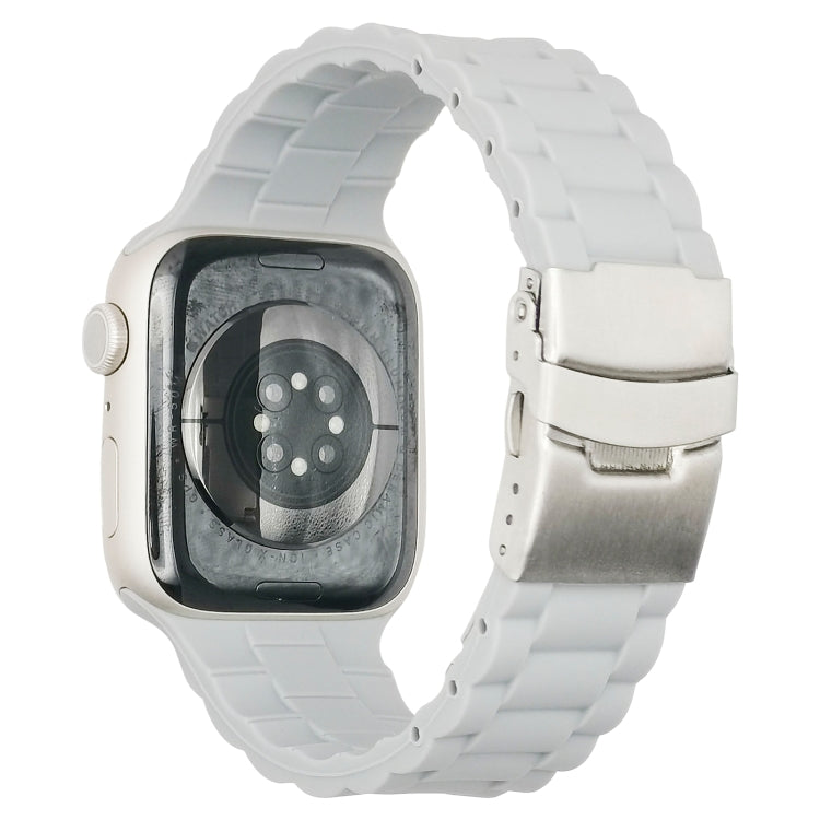 Three-bead watchband with white silicone links and silver metal clasp, front view