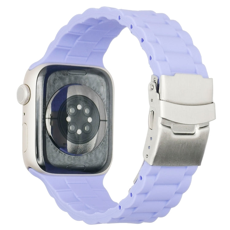 Three-bead watchband with lavender silicone links and silver metal clasp, shown on watch