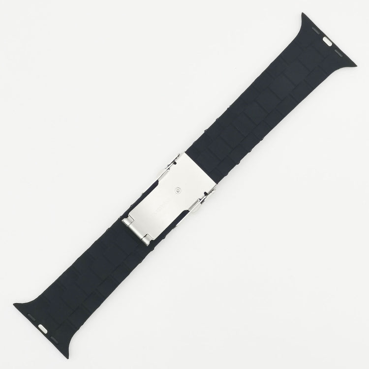 Three-bead watch band for Apple Watch, black silicone strap with metal clasp and holes.