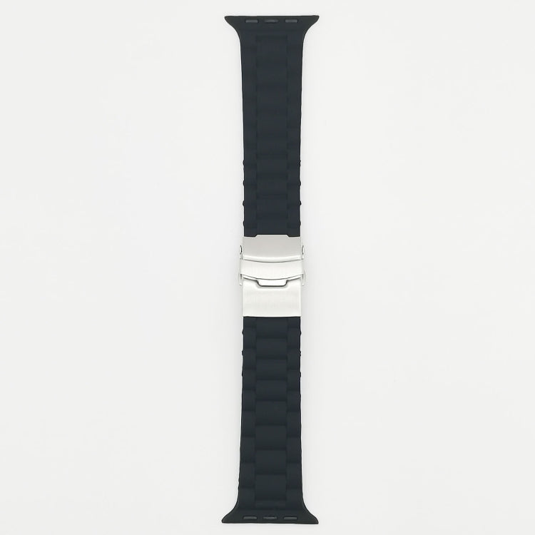 Three-bead watch band for Apple Watch, black silicone strap shown upright with metal clasp.