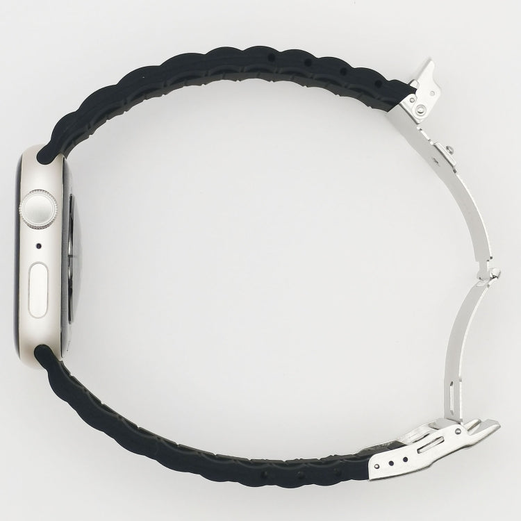 Three-bead watchband with black silicone strap and silver metal clasp for Apple Watch