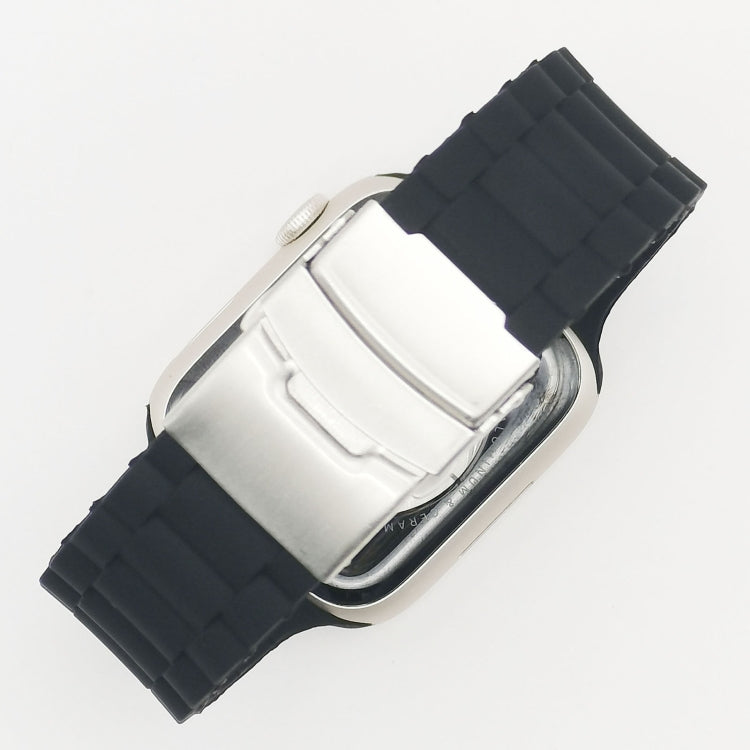 Three-bead watch band for Apple Watch, black silicone strap with metal buckle and clasp.