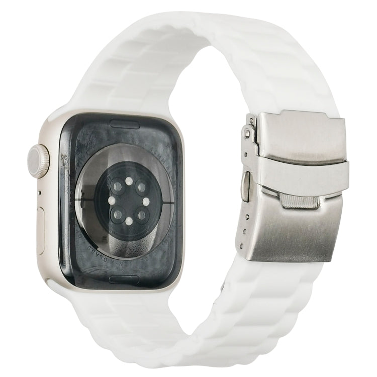 Three-bead watchband with white silicone links and silver metal clasp, side view