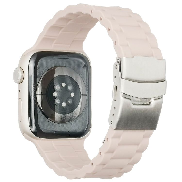 Three-bead watch band for Apple Watch, white silicone strap with metal clasp.