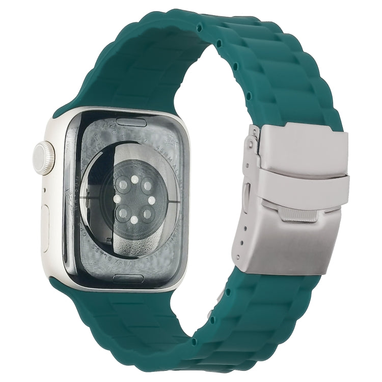 Three-bead watch band for Apple Watch, teal silicone strap with metal clasp.