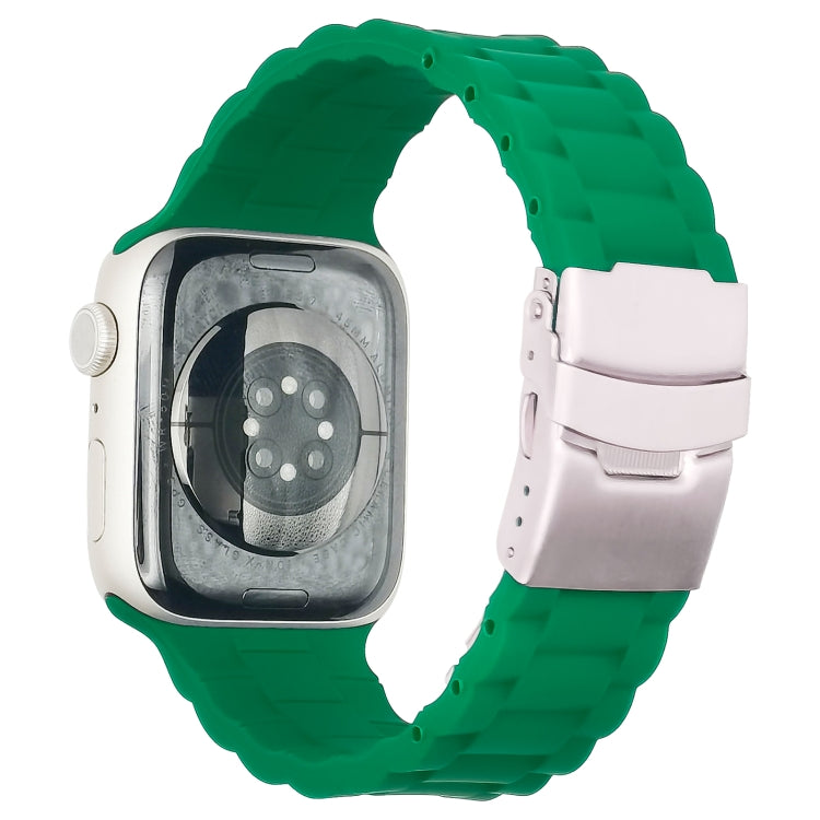 Three-bead watch band for Apple Watch, olive-green silicone strap with metal clasp.