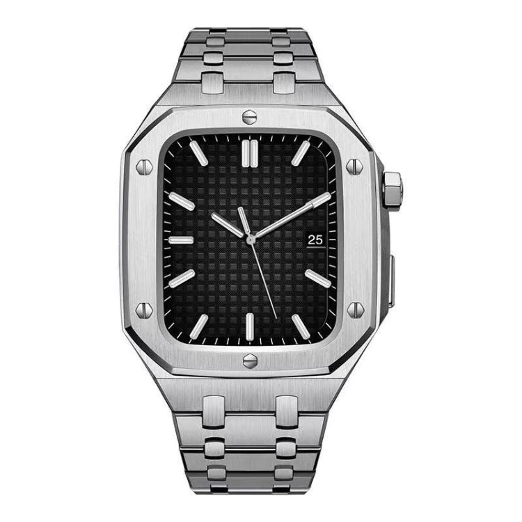 Integrated metal watch case with link bracelet, black textured dial, 44mm square face