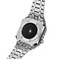 Integrated metal watch case with link bracelet, angled view, black circular dial