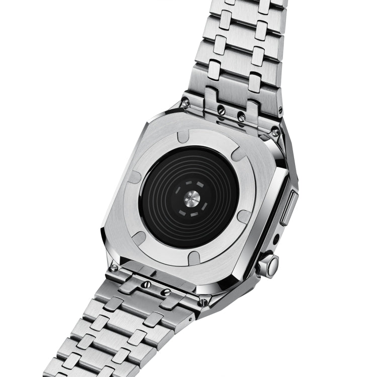Integrated metal watch case with link bracelet, angled view, black circular dial