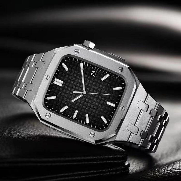 Integrated metal watch case with link band and black textured dial, square face