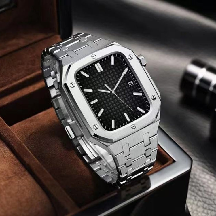 Integrated metal watch case on link band, black textured dial, square watch face