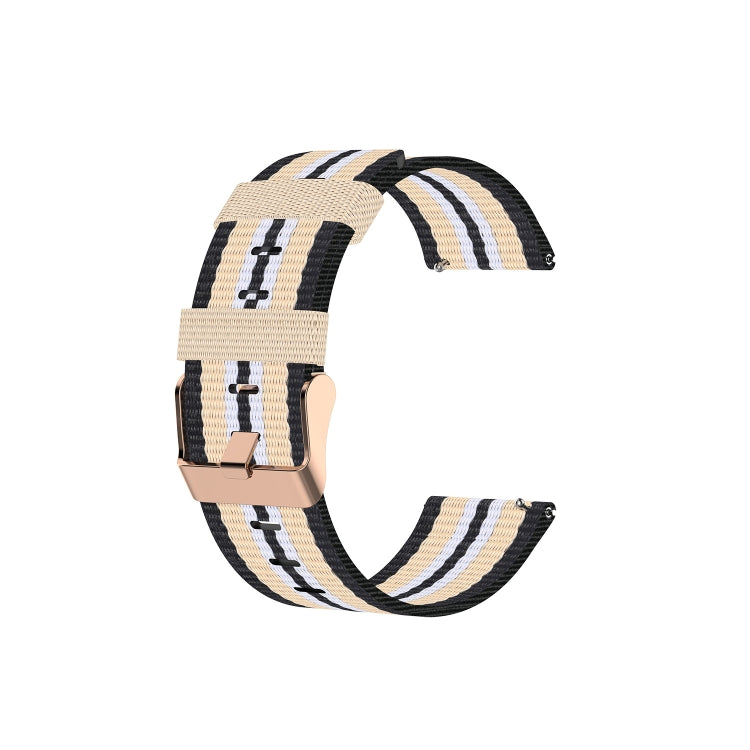 Nylon strap for Huawei B5 in black with beige and white stripes and metal buckle.