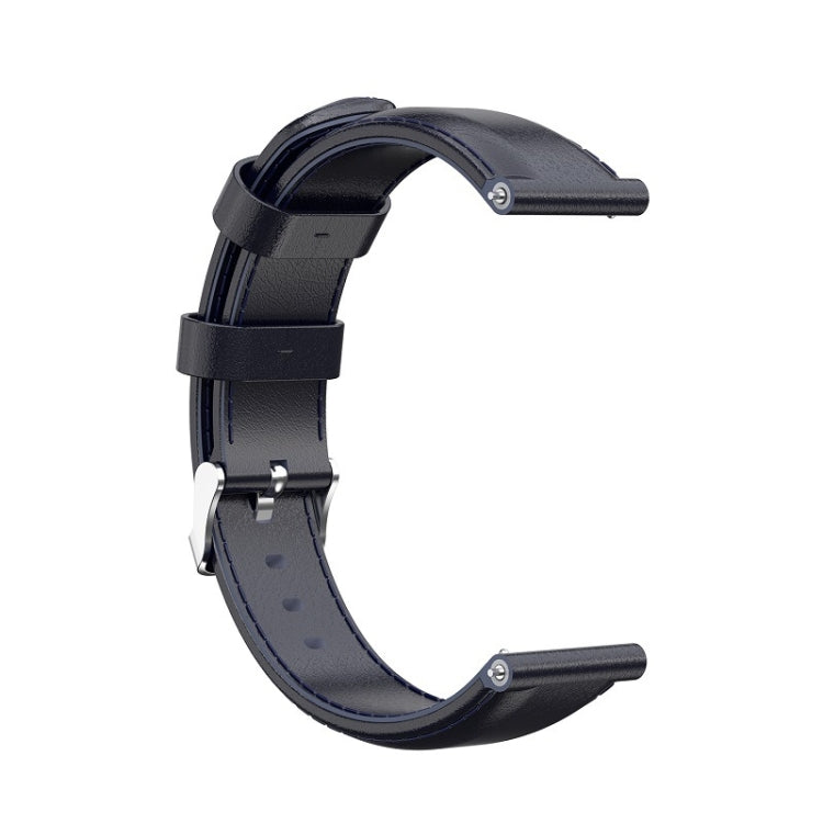 Oil-wax leather smartwatch strap in navy blue with metal buckle and adjustment holes