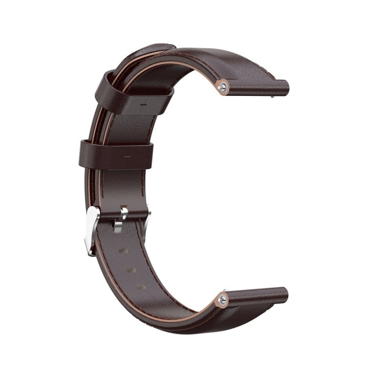 Oil-wax leather smartwatch strap in dark brown with metal buckle and adjustment holes