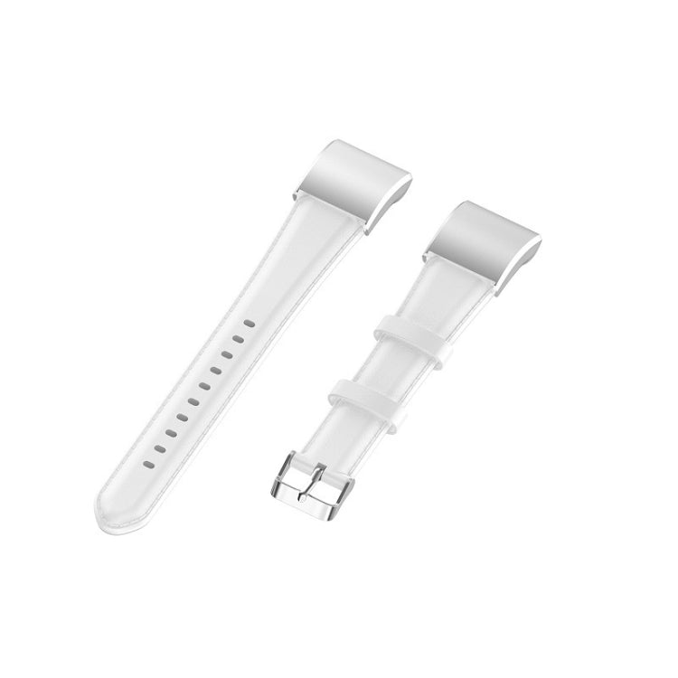 White leather watch strap with metal buckle, two end views