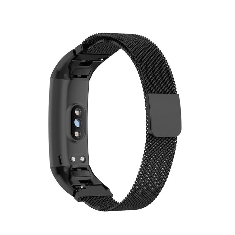 Black milanese wristband strap with clasp and attachment for a smart watch.
