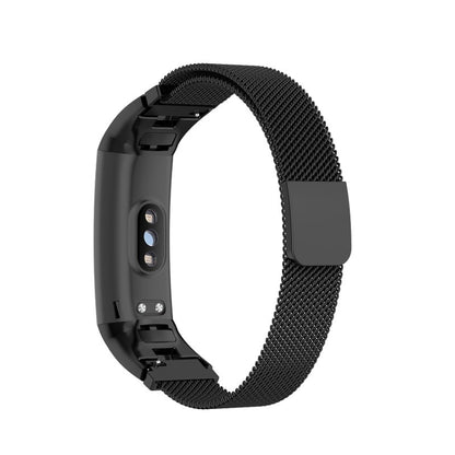 Black milanese wristband strap with clasp and attachment for a smart watch.