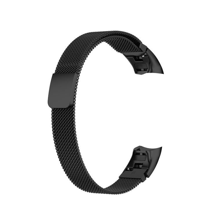 Black milanese watch wristband strap with clasp tab on the side.