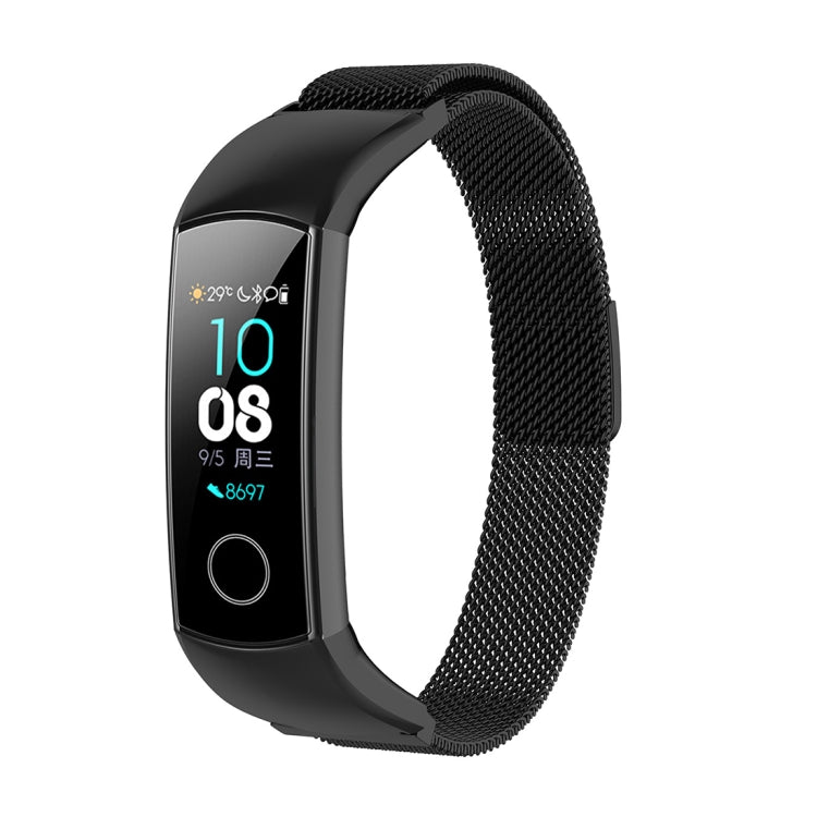 Black milanese watch strap with fitness watch displaying time and date numbers.