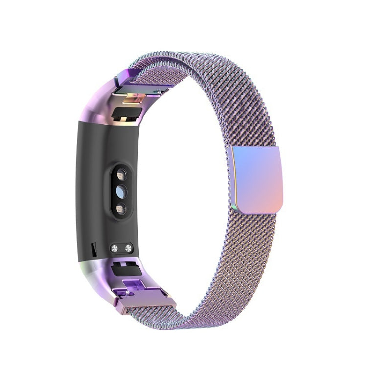 Colorful milanese wristband strap with iridescent watch housing and side clasp.