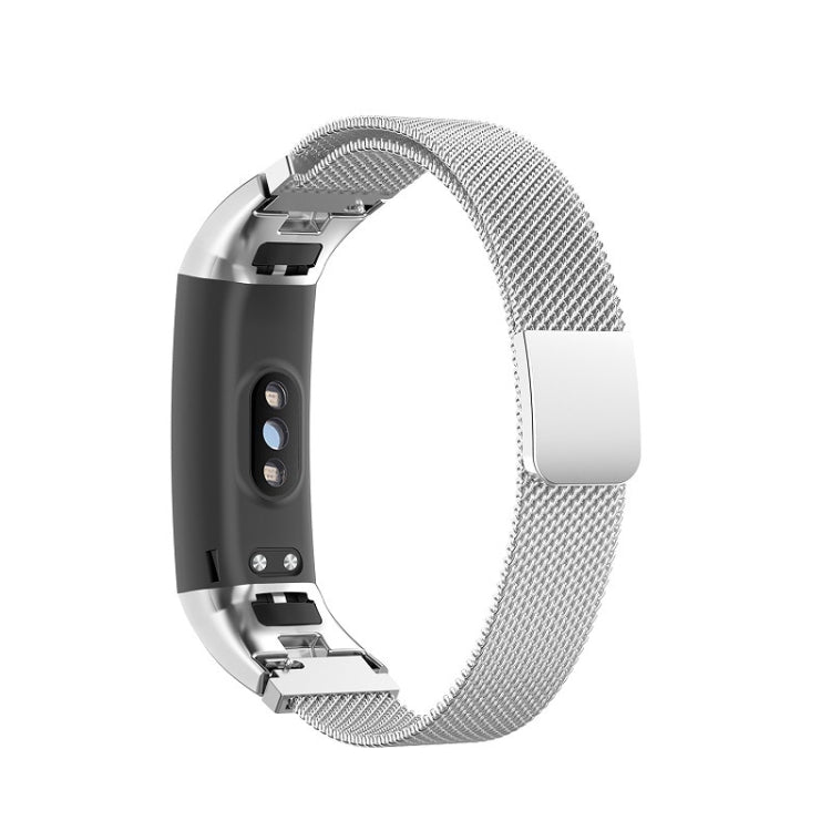 Silver milanese wristband strap with silver-toned watch housing and side clasp.