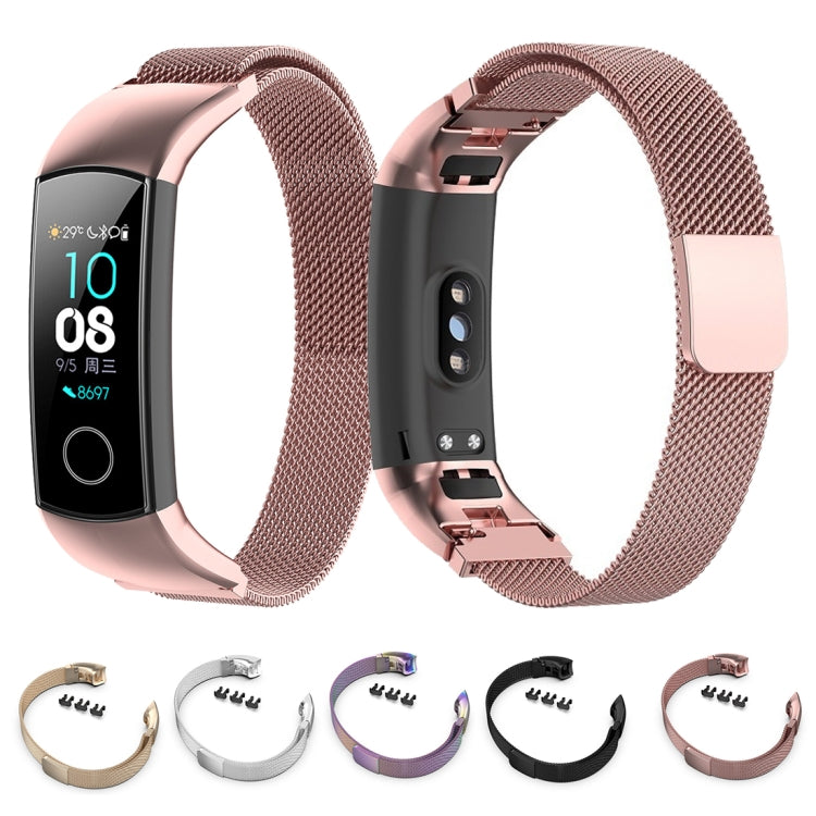 Assorted color milanese watch wristbands with matching clasp pieces and watch bodies.