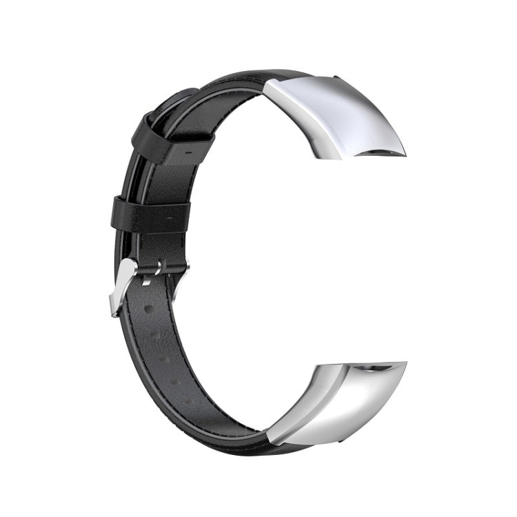 Black oil-wax leather wristband with metal buckle and perforated strap holes