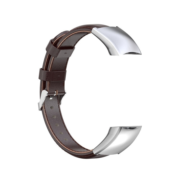 Coffee-brown oil-wax leather wristband with metal buckle and perforated strap holes