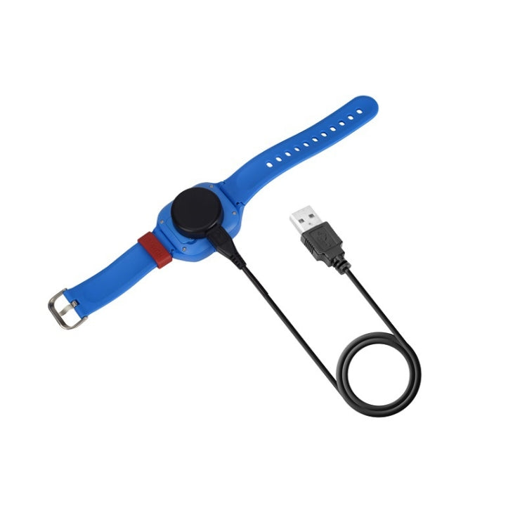 Blue kids smartwatch charging cable with black puck and USB-A connector
