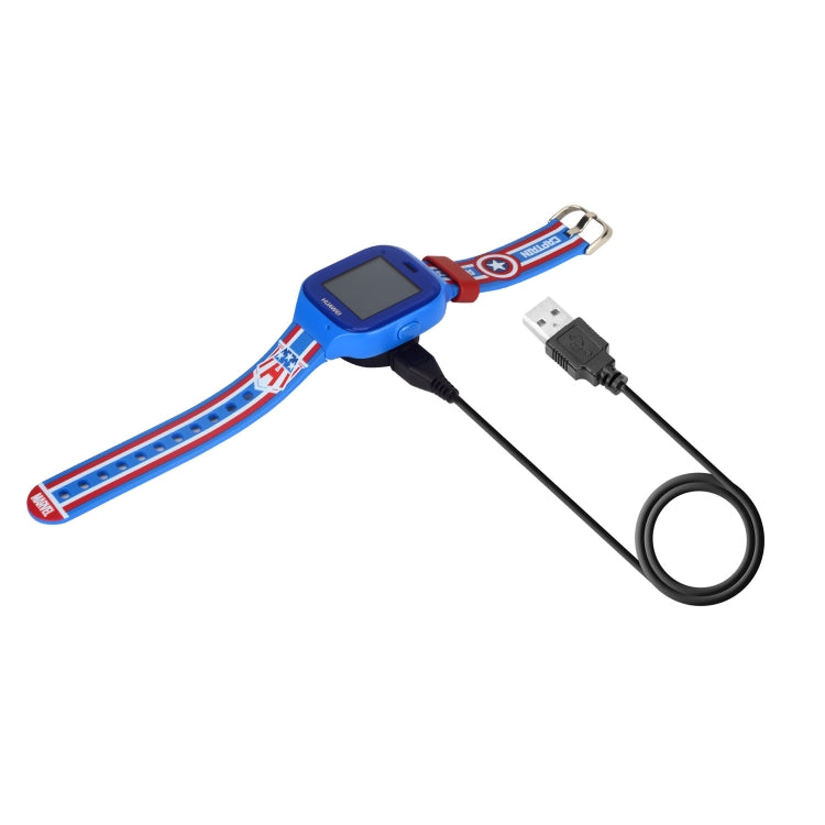 Kids smartwatch charging cable with blue strap, black charging puck, and USB-A plug