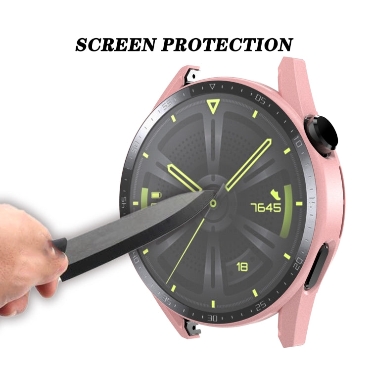 Light pink watch case with tempered glass screen protection, impact test view
