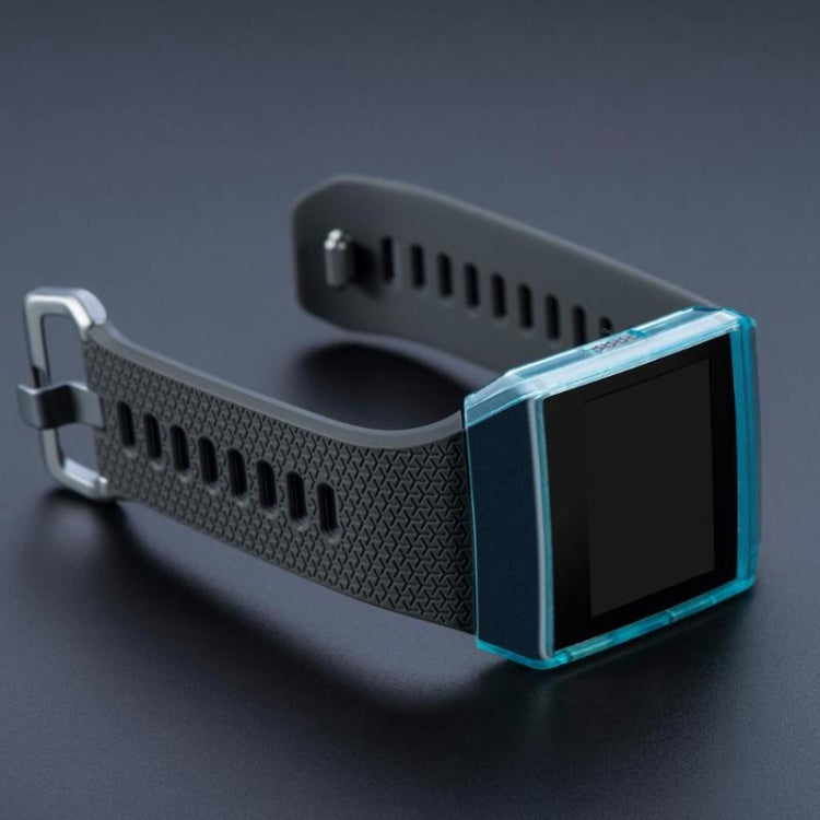 Transparent blue TPU full-coverage watch case with protective bezel on a smartwatch
