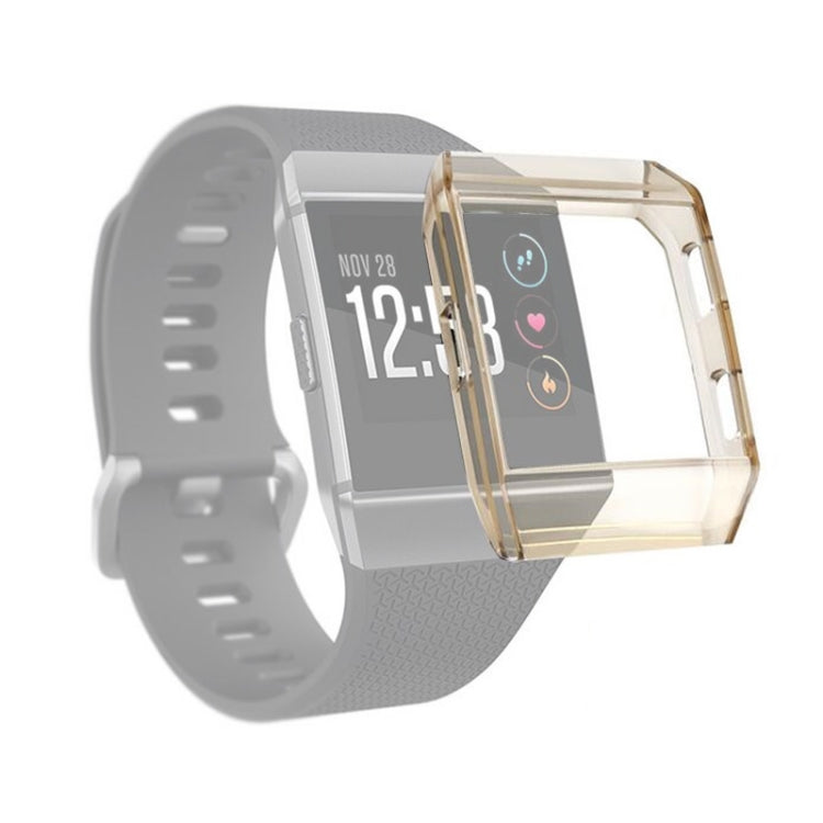 Transparent yellow TPU full-coverage watch case with protective bezel on a smartwatch