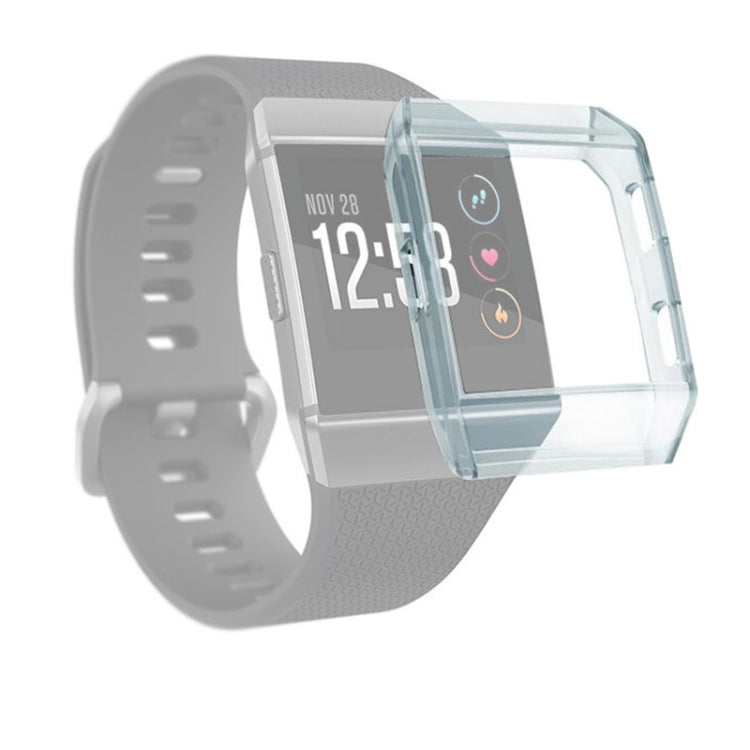 Transparent light blue TPU full-coverage watch case with protective bezel on a smartwatch