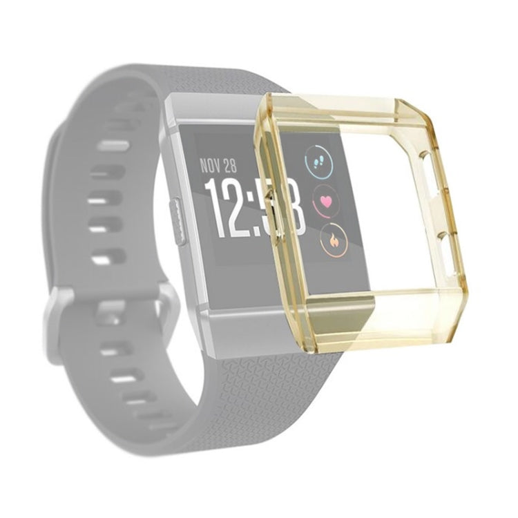 Transparent yellow TPU full-coverage watch case with protective bezel on a smartwatch