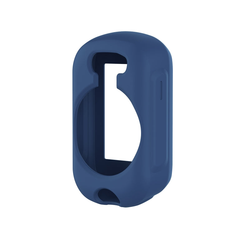 Navy blue silicone case for a bike computer, with open front and side button cutout