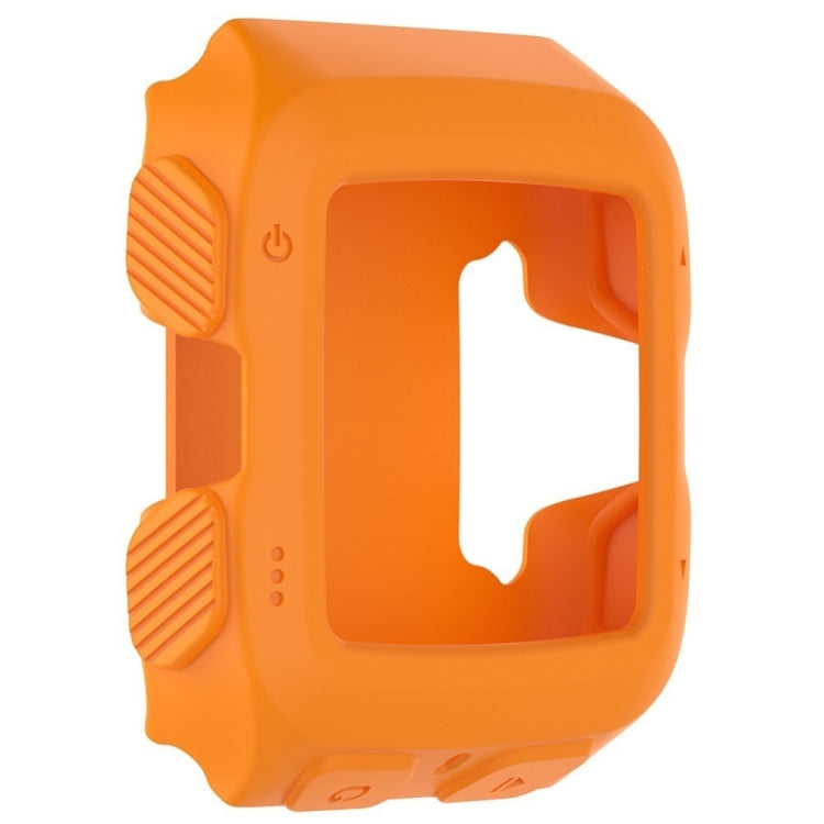 Orange silicone protective case with screen cutout and textured side grips.