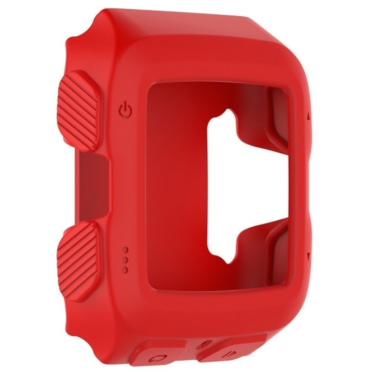 Red silicone protective case with screen cutout and textured side grips.