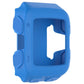 Blue silicone protective case with screen cutout and textured side grips.