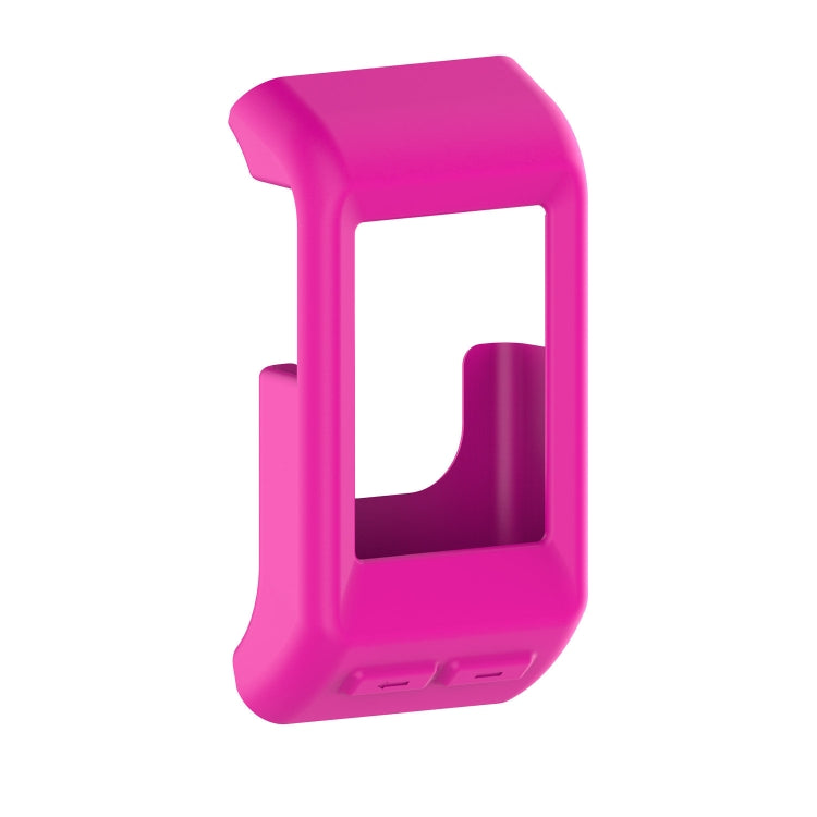 Pink purple silicone case with open screen window and bottom button cutouts.