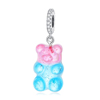 Pink and blue resin candy bear pendant with silver ring bail