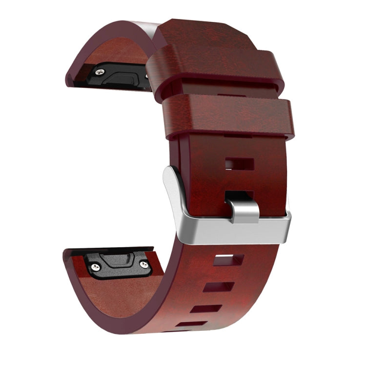 Burgundy leather quick-release watch strap with metal buckle and holes, open clasp view