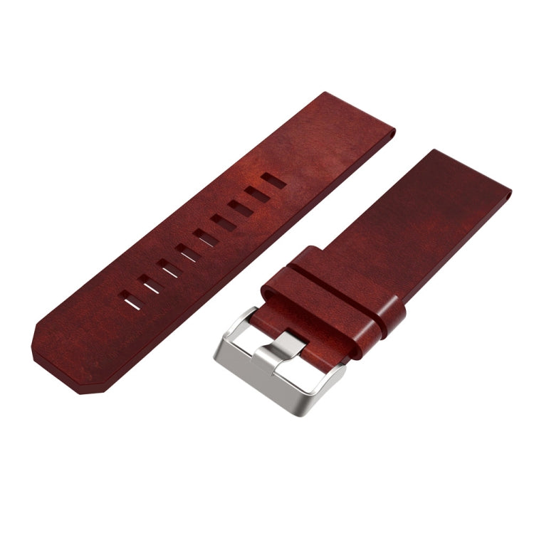 Burgundy leather quick-release strap with silver metal buckle and stitched hole row