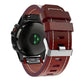 Burgundy leather quick-release strap with metal clasp and white stitching on Garmin watch