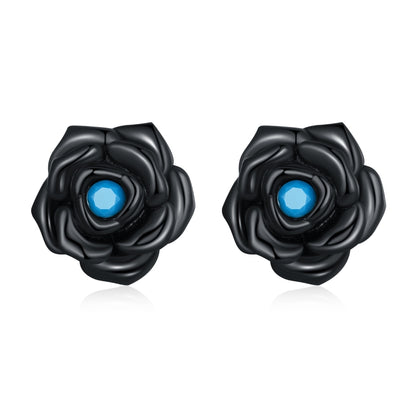 Black rose stud earrings with blue gemstone center, sterling silver look