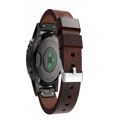 Quick-release leather watch strap with metal clasp, brown, on smartwatch