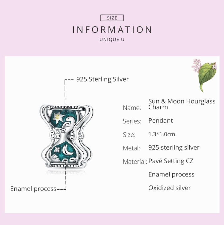 Sun and moon hourglass charm bead, teal enamel with crescent moon and star details