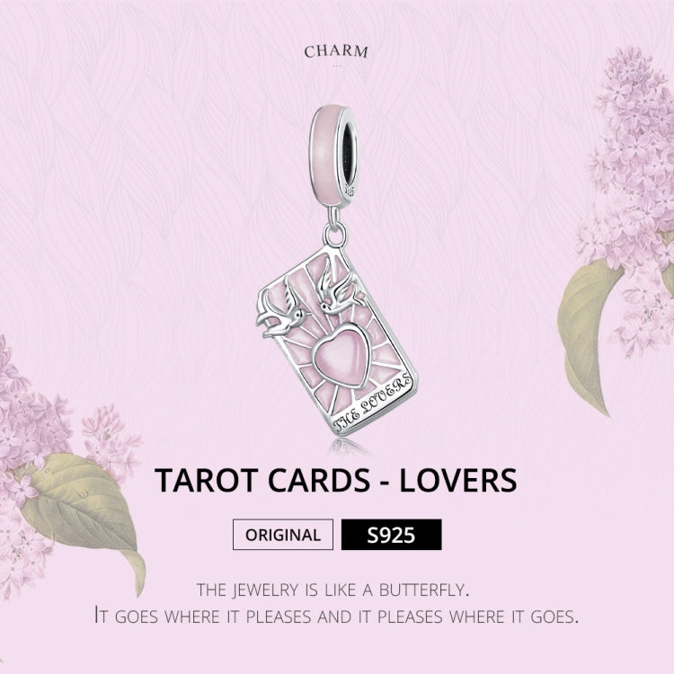 Sterling silver charm pendant with pink heart on tarot card, attached to pink enamel ring